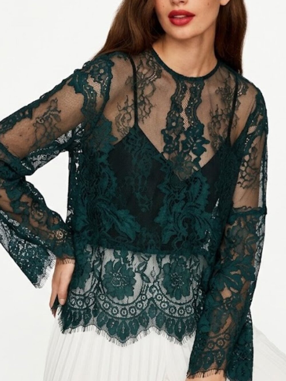 Zara Sheer Lace Overlay top with Scallop Eyelash Hem in Dark Green M